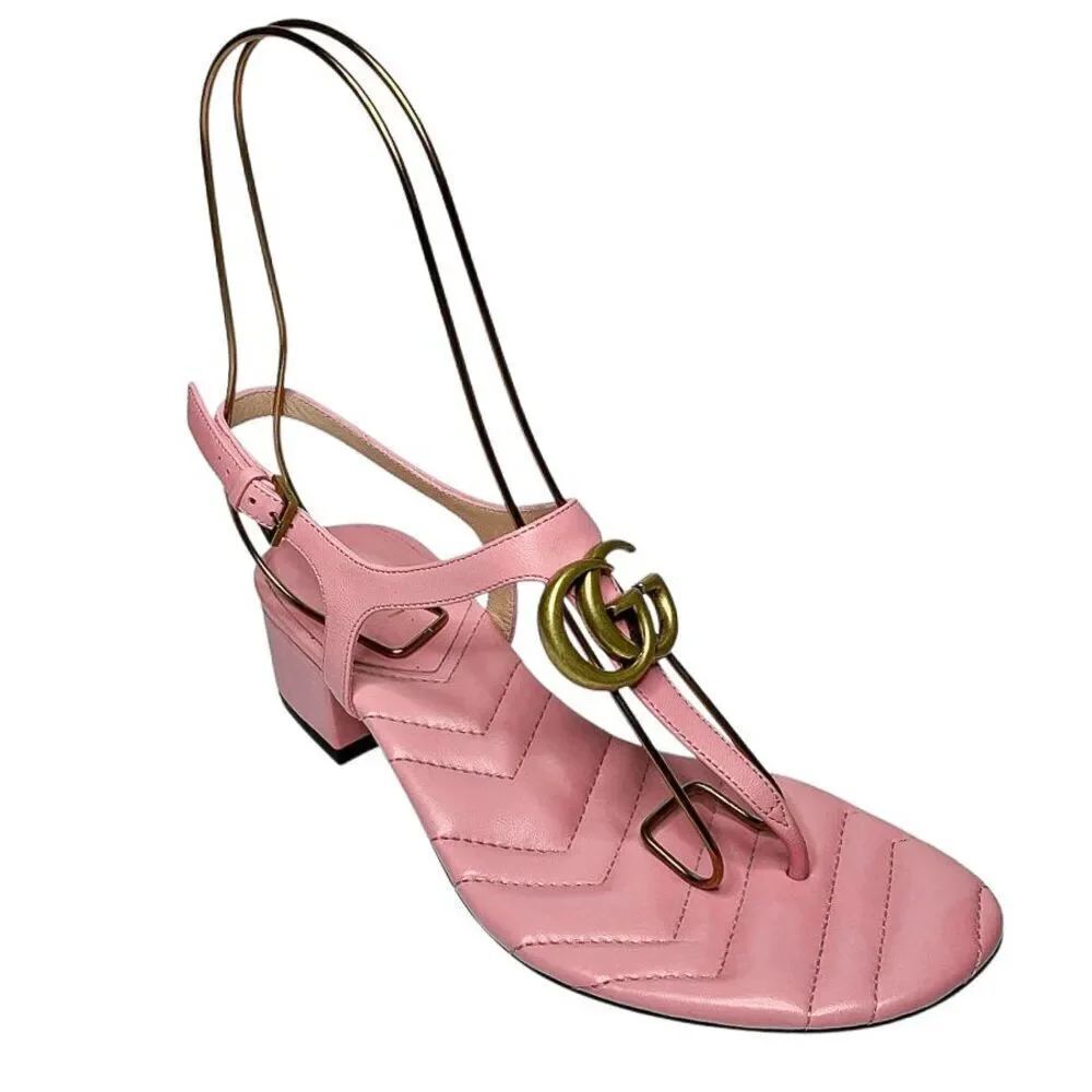 Gucci Marmont Charlotte Wild Rose Sandals 36 Pink Leather GG Logo Block Heel